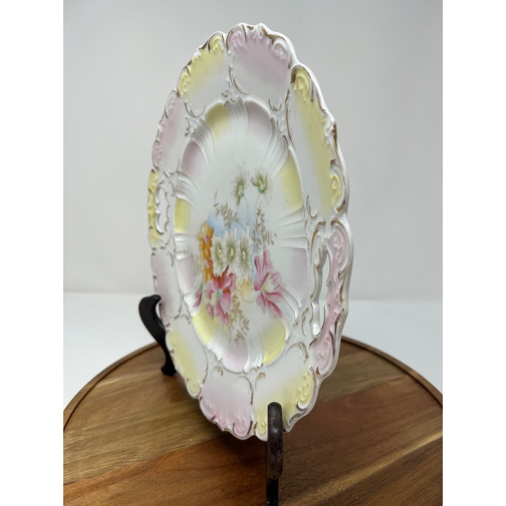 Antique Hand Painted Porcelain Plate Floral Design Scalloped Gold Trim - Picture 2 of 5